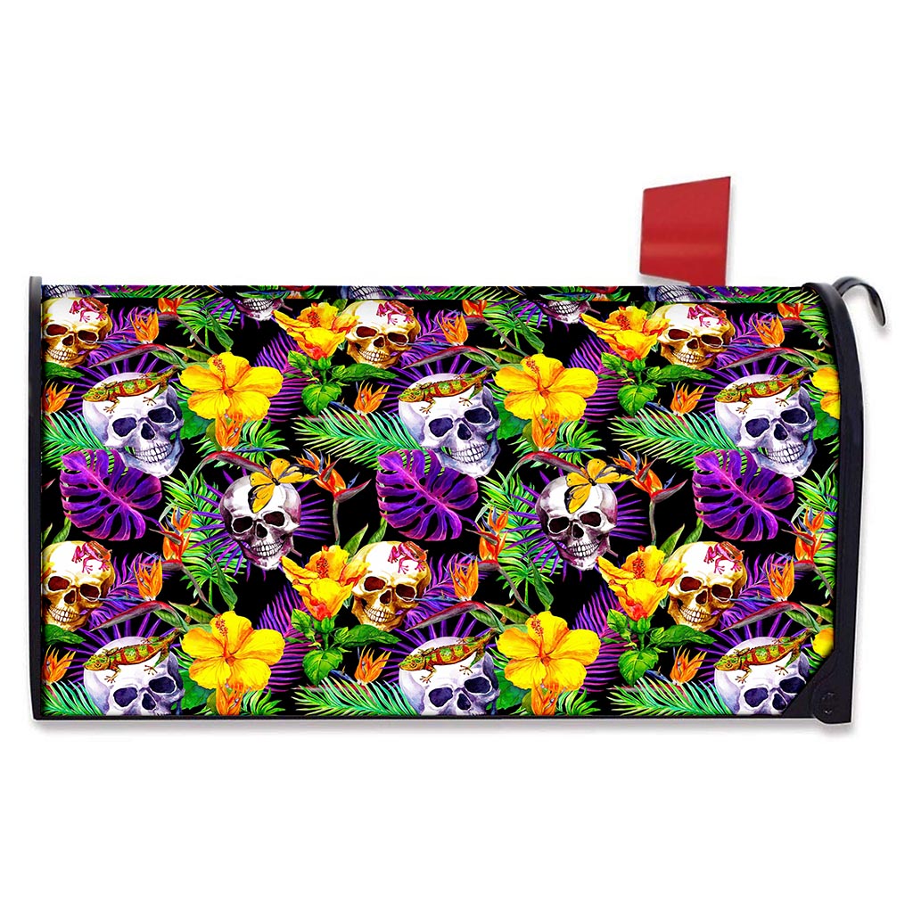 Purple Tropical Skull Pattern Print Mailbox Cover