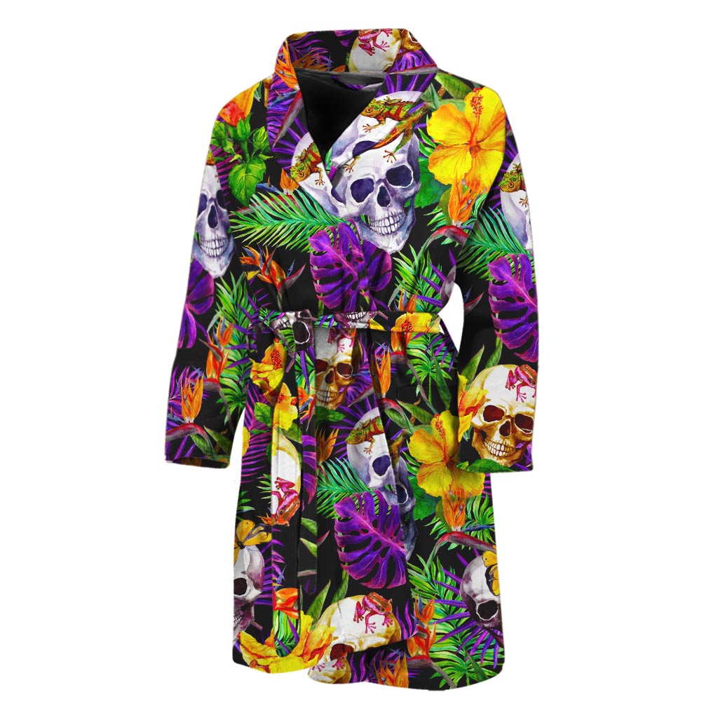 Purple Tropical Skull Pattern Print Men's Bathrobe