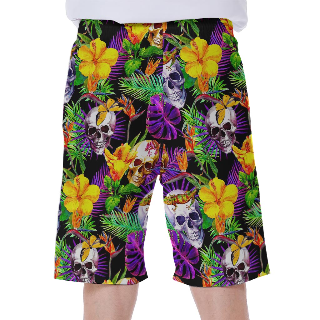 Purple Tropical Skull Pattern Print Men's Beach Shorts