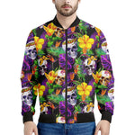 Purple Tropical Skull Pattern Print Men's Bomber Jacket