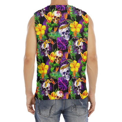 Purple Tropical Skull Pattern Print Men's Fitness Tank Top