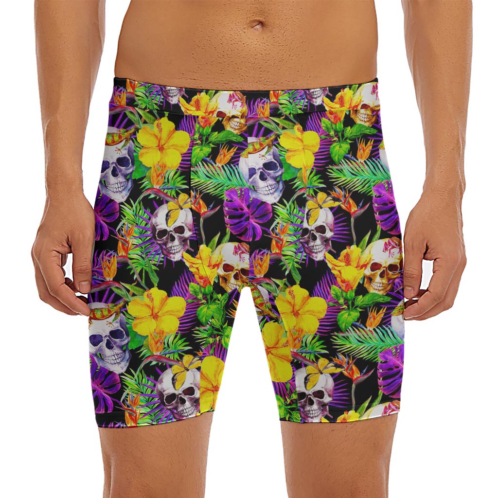 Purple Tropical Skull Pattern Print Men's Long Boxer Briefs