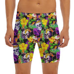 Purple Tropical Skull Pattern Print Men's Long Boxer Briefs