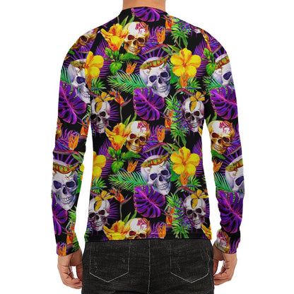 Purple Tropical Skull Pattern Print Men's Long Sleeve Rash Guard
