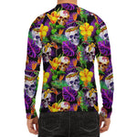 Purple Tropical Skull Pattern Print Men's Long Sleeve Rash Guard