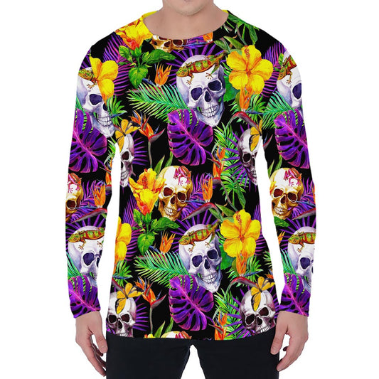 Purple Tropical Skull Pattern Print Men's Long Sleeve T-Shirt