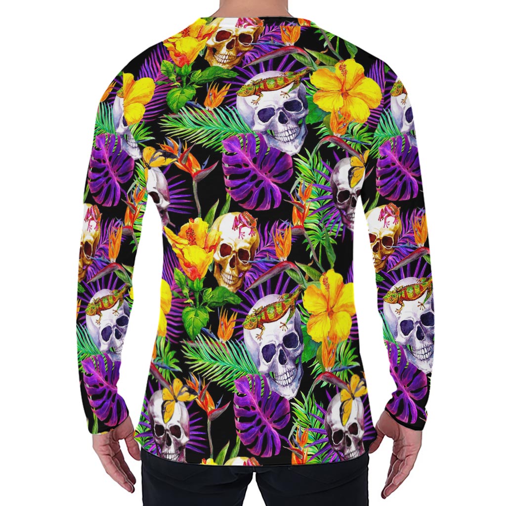 Purple Tropical Skull Pattern Print Men's Long Sleeve T-Shirt