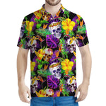 Purple Tropical Skull Pattern Print Men's Polo Shirt