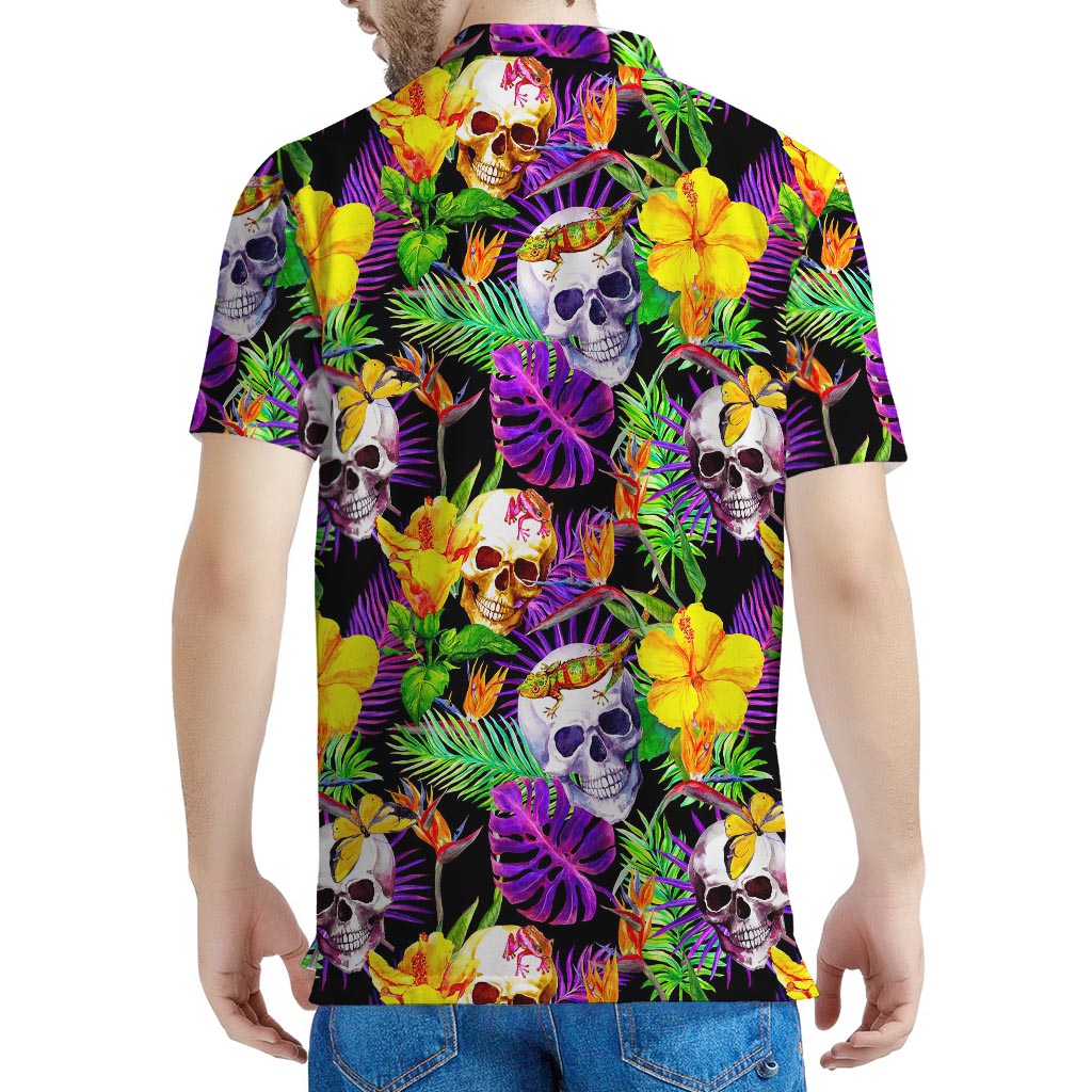 Purple Tropical Skull Pattern Print Men's Polo Shirt