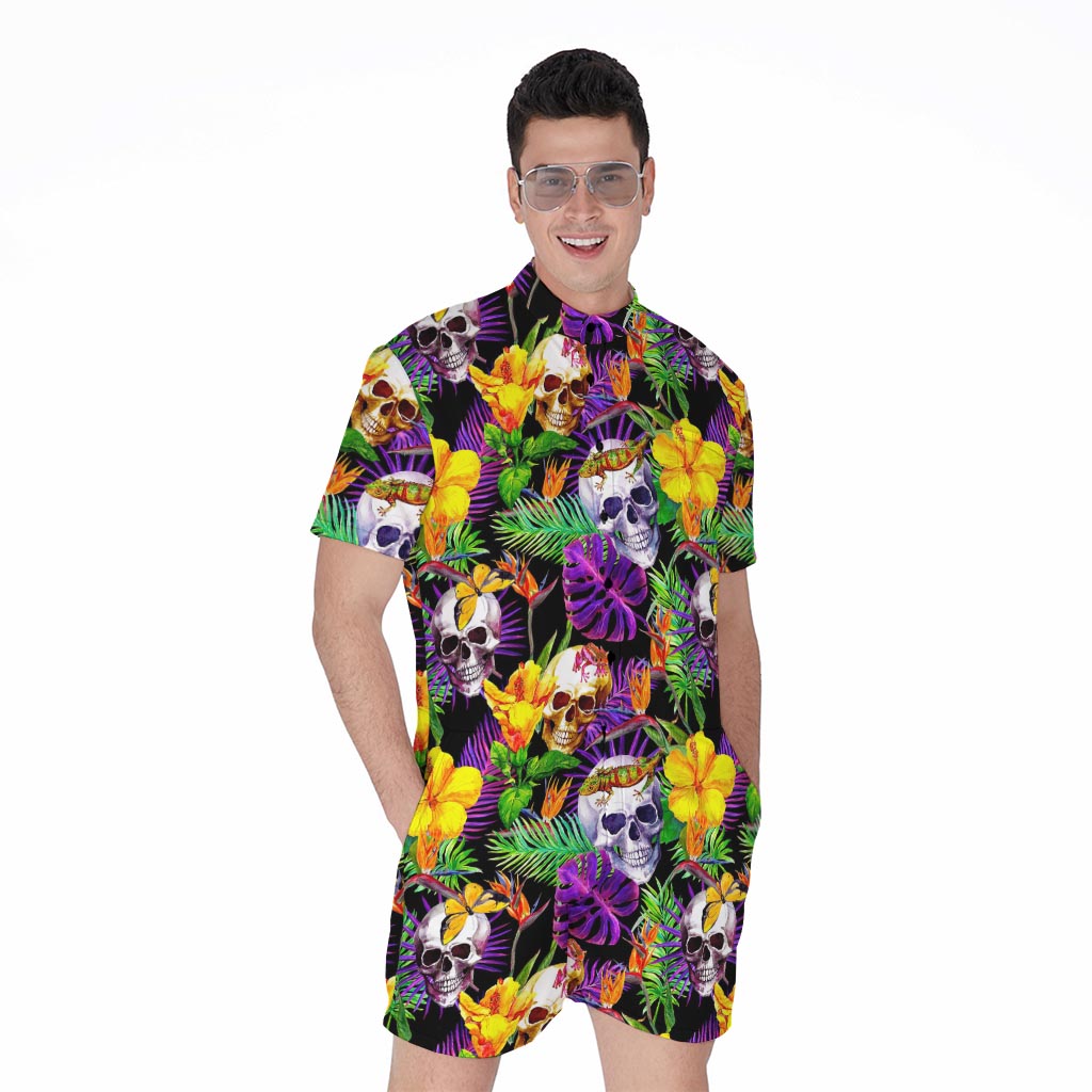 Purple Tropical Skull Pattern Print Men's Rompers