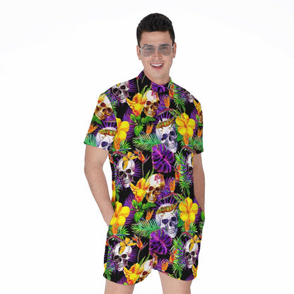 Purple Tropical Skull Pattern Print Men's Rompers