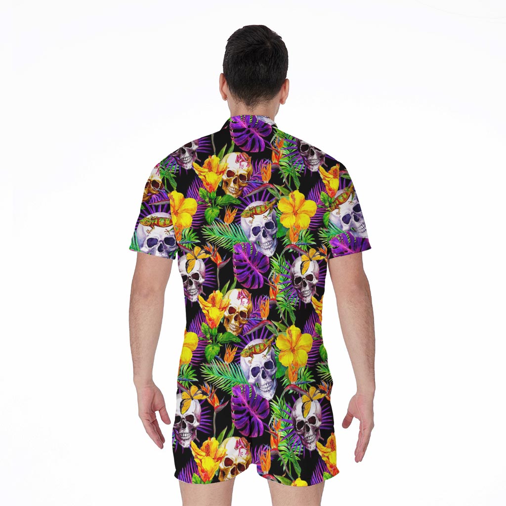 Purple Tropical Skull Pattern Print Men's Rompers