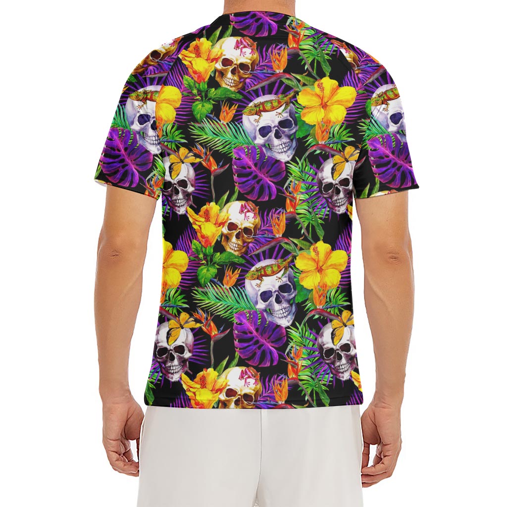 Purple Tropical Skull Pattern Print Men's Short Sleeve Rash Guard