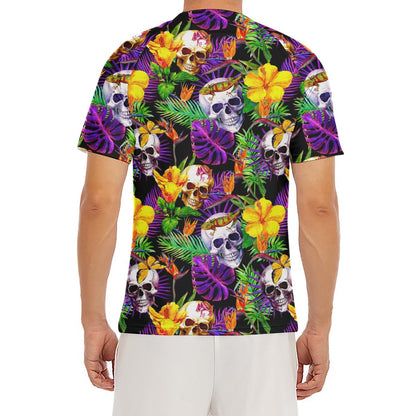 Purple Tropical Skull Pattern Print Men's Short Sleeve Rash Guard