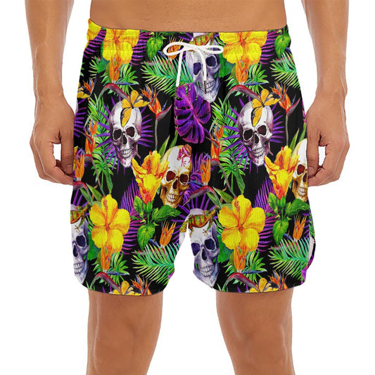 Purple Tropical Skull Pattern Print Men's Split Running Shorts