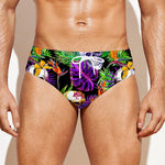 Purple Tropical Skull Pattern Print Men's Swim Briefs