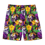 Purple Tropical Skull Pattern Print Men's Swim Trunks