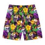 Purple Tropical Skull Pattern Print Men's Swim Trunks