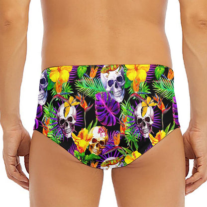 Purple Tropical Skull Pattern Print Men's Triangle Swim Briefs