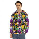 Purple Tropical Skull Pattern Print Men's Velvet Pullover Hoodie