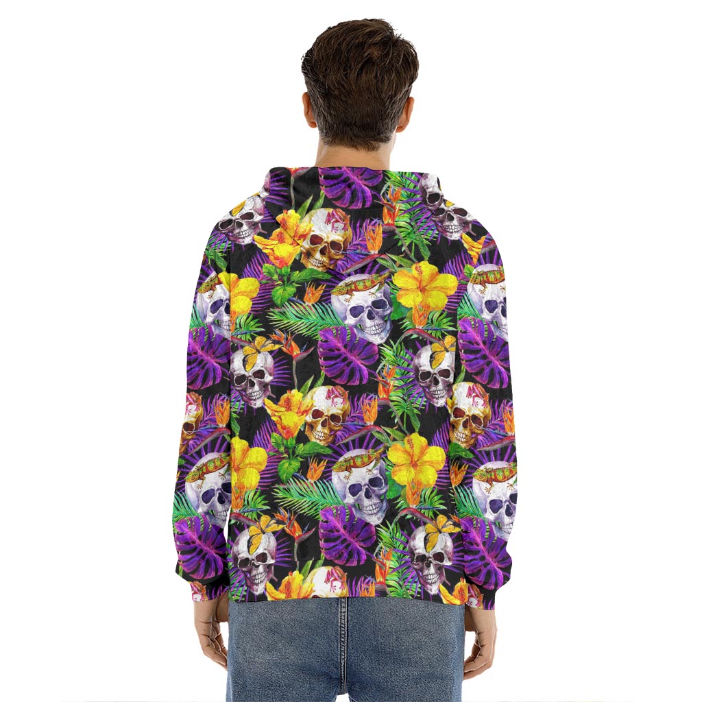 Purple Tropical Skull Pattern Print Men's Velvet Pullover Hoodie