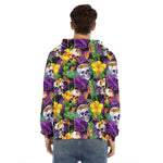 Purple Tropical Skull Pattern Print Men's Velvet Pullover Hoodie
