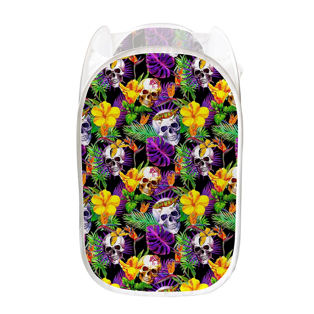Purple Tropical Skull Pattern Print Mesh Laundry Hamper