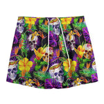 Purple Tropical Skull Pattern Print Mesh Shorts