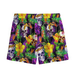 Purple Tropical Skull Pattern Print Mesh Shorts
