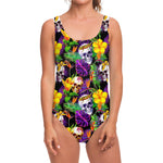 Purple Tropical Skull Pattern Print One Piece Swimsuit