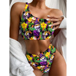 Purple Tropical Skull Pattern Print One Shoulder Bikini Top
