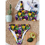 Purple Tropical Skull Pattern Print One Shoulder Bikini Top