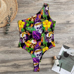 Purple Tropical Skull Pattern Print One Shoulder Bodysuit