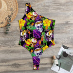 Purple Tropical Skull Pattern Print One Shoulder Bodysuit