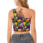 Purple Tropical Skull Pattern Print One Shoulder Crop Top