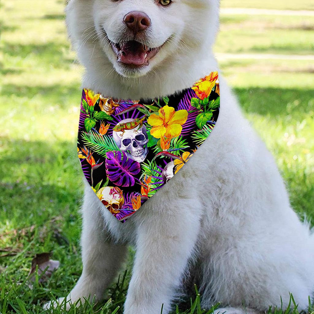 Purple Tropical Skull Pattern Print Over The Collar Dog Bandana
