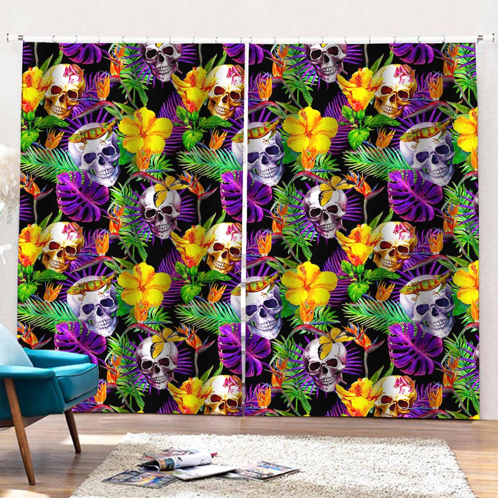 Purple Tropical Skull Pattern Print Pencil Pleat Curtains