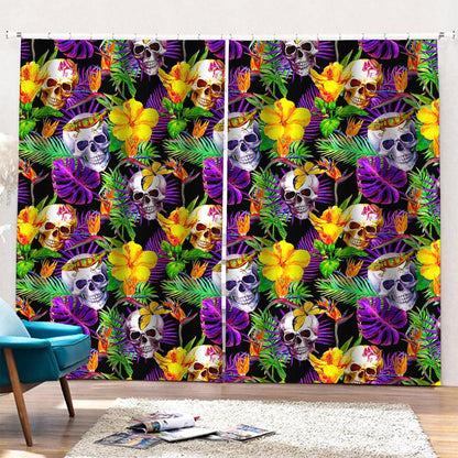 Purple Tropical Skull Pattern Print Pencil Pleat Curtains