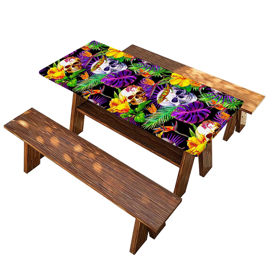Purple Tropical Skull Pattern Print Picnic Table Cover