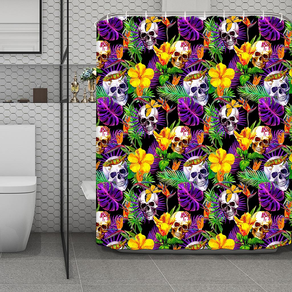 Purple Tropical Skull Pattern Print Polyester Shower Curtain