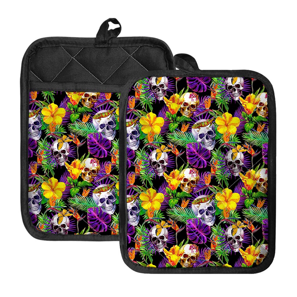 Purple Tropical Skull Pattern Print Pot Holders With Pocket