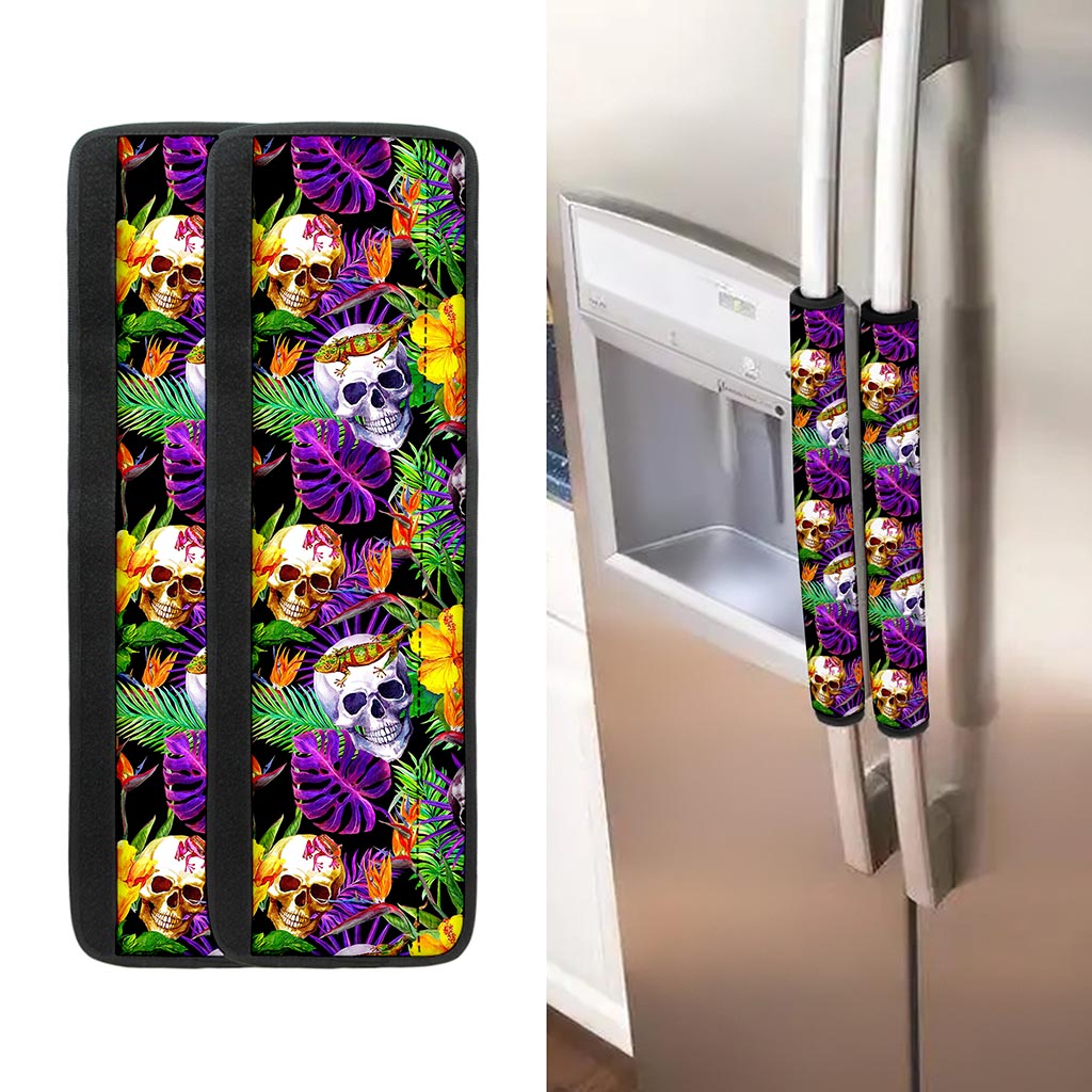 Purple Tropical Skull Pattern Print Refrigerator Handle Covers