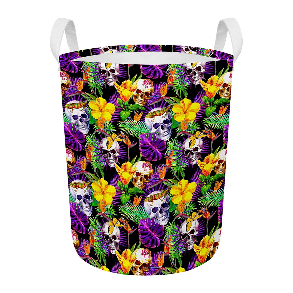Purple Tropical Skull Pattern Print Round Laundry Basket