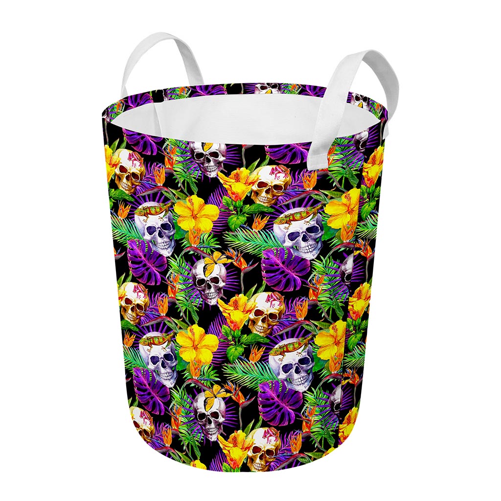 Purple Tropical Skull Pattern Print Round Laundry Basket