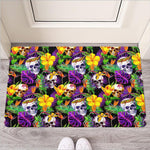 Purple Tropical Skull Pattern Print Rubber Doormat