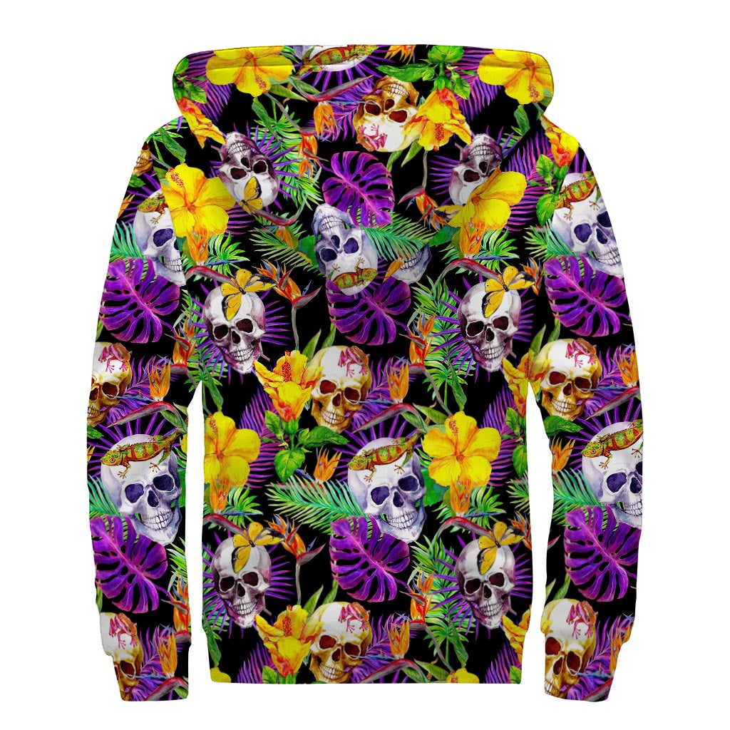 Purple Tropical Skull Pattern Print Sherpa Lined Zip Up Hoodie