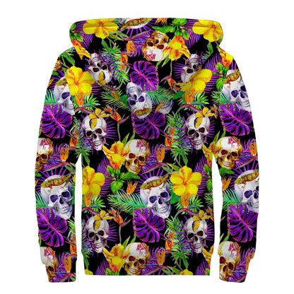 Purple Tropical Skull Pattern Print Sherpa Lined Zip Up Hoodie