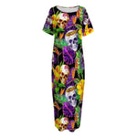 Purple Tropical Skull Pattern Print Short Sleeve Long Nightdress