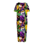 Purple Tropical Skull Pattern Print Short Sleeve Long Nightdress