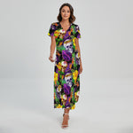 Purple Tropical Skull Pattern Print Short Sleeve Maxi Dress